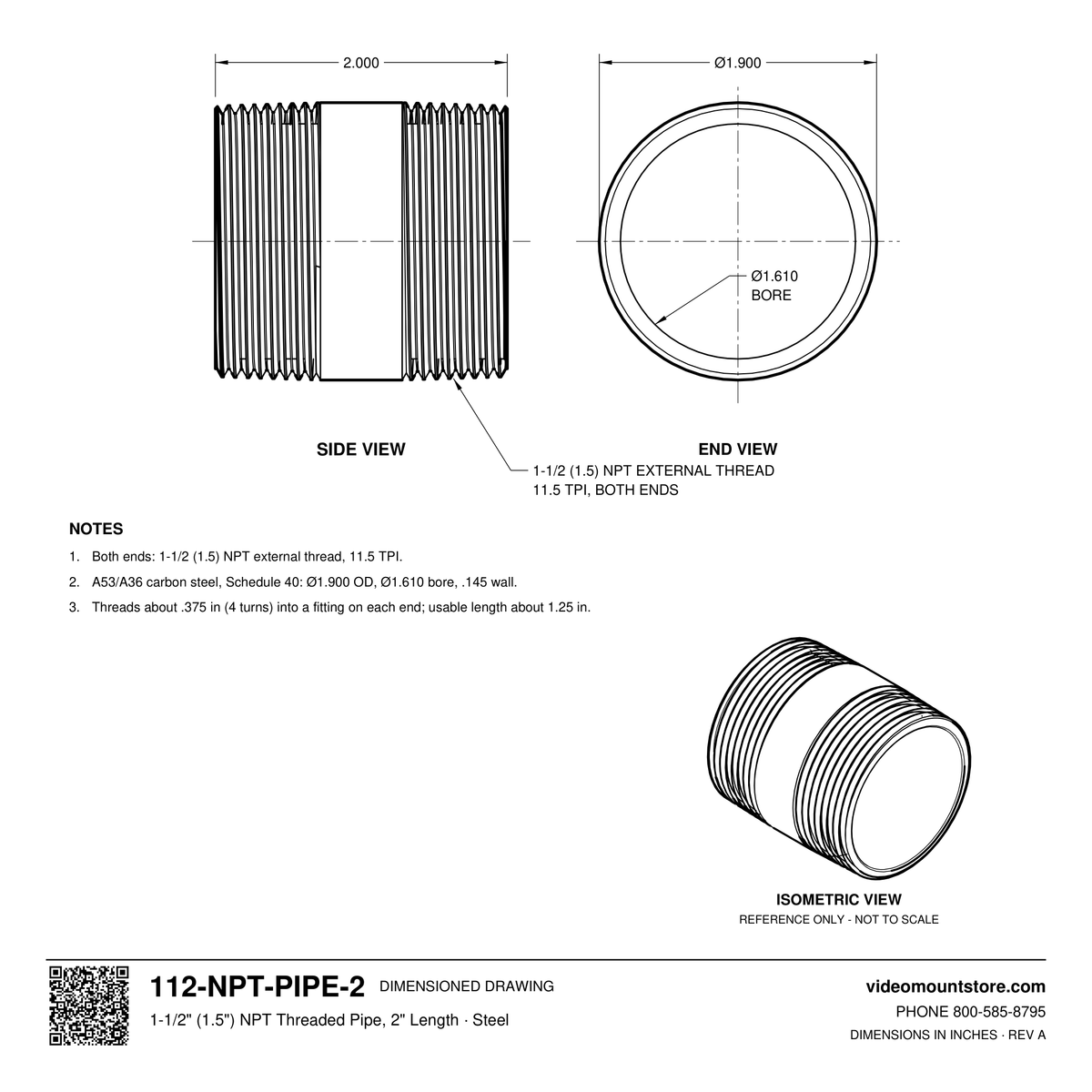 112-NPT-PIPE-2 dimensioned drawing: 1-1/2 (1.5) inch NPT pipe, 2 inches long, threaded both ends, 1.900 inch outside diameter, 1.610 inch bore