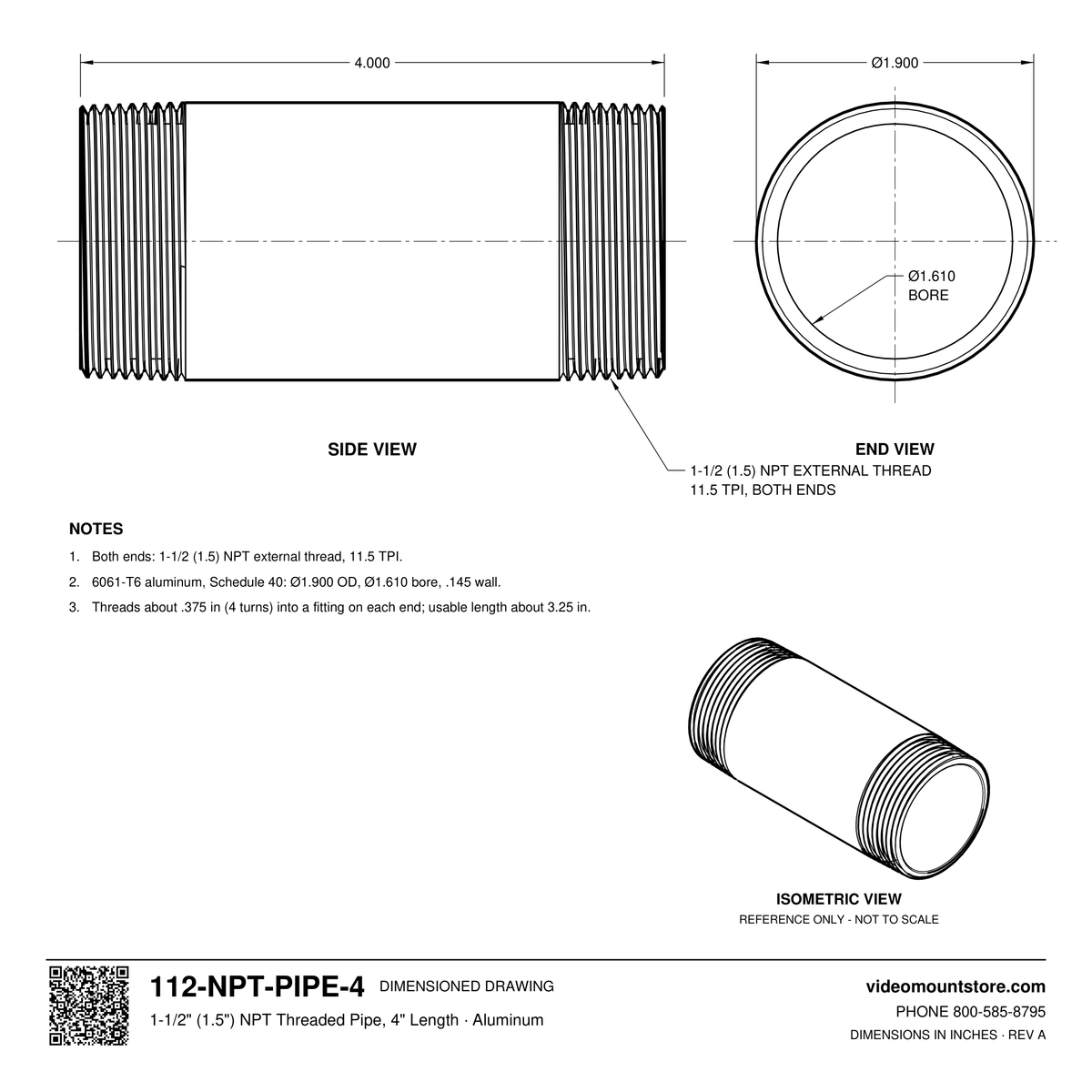 112-NPT-PIPE-4 dimensioned drawing: 1-1/2 (1.5) inch NPT pipe, 4 inches long, threaded both ends, 1.900 inch outside diameter, 1.610 inch bore