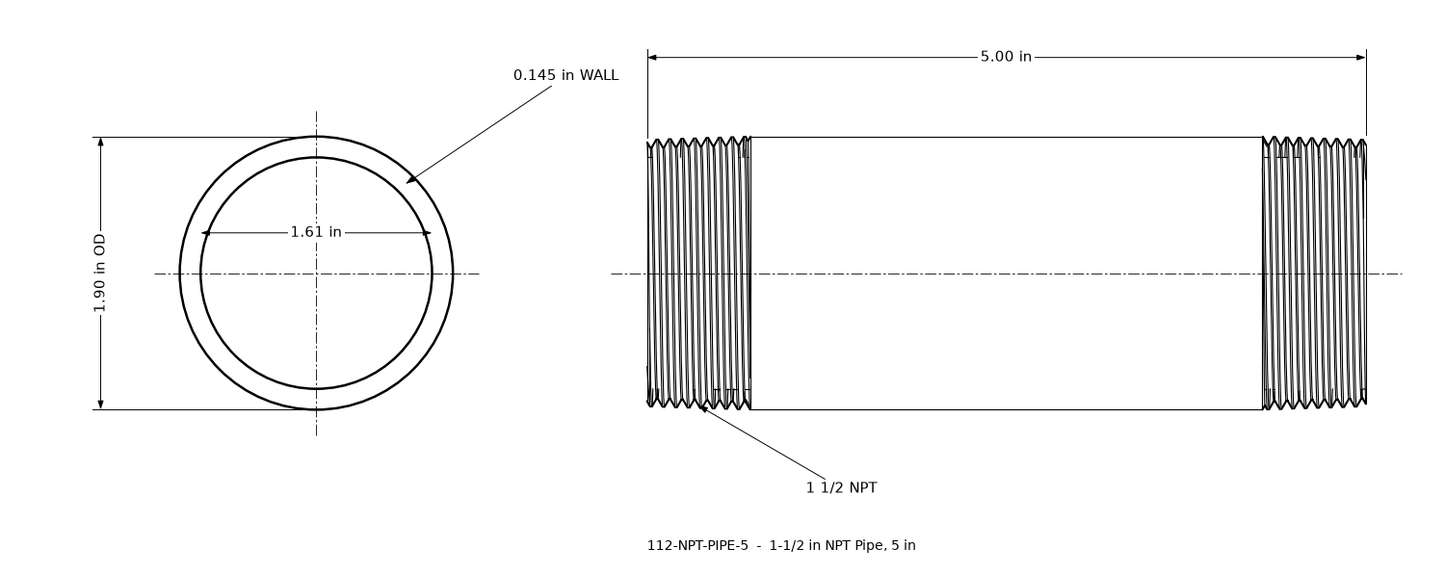 Dimensioned drawing of the 1-1/2 inch NPT pipe, 5 inches long: threaded side view and end view marked 1.90 in outside diameter and 1.61 in bore.