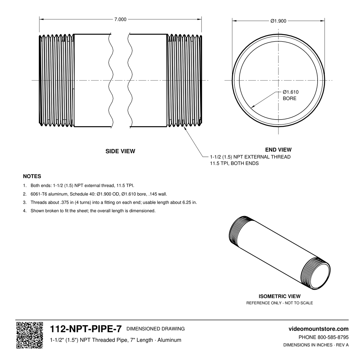 112-NPT-PIPE-7 dimensioned drawing: 1-1/2 (1.5) inch NPT pipe, 7 inches long, threaded both ends, 1.900 inch outside diameter, 1.610 inch bore