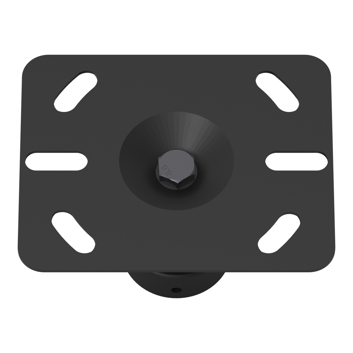 11CP005 ceiling plate seen from above at an angle, showing the rectangular plate, its six mounting slots and the bolt head in the center recess.