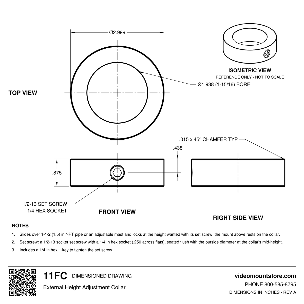 11FC height adjustment collar dimensioned drawing: 2.999 inch OD, 1.938 inch bore, 0.875 inch tall, 1/2-13 set screw with 1/4 inch hex socket