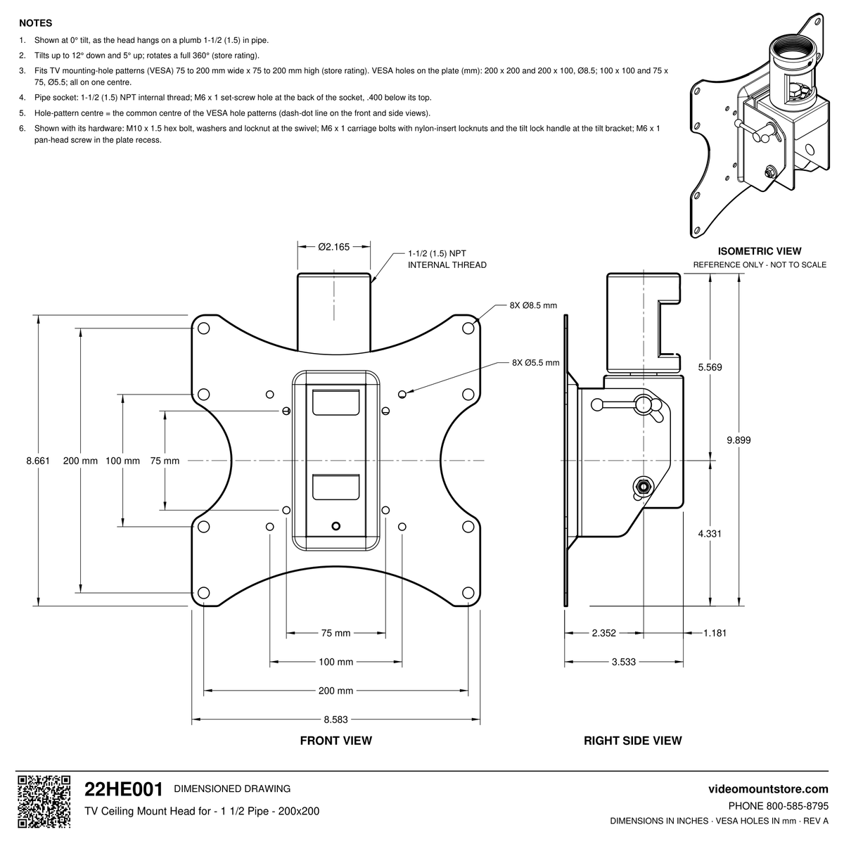 22HE001 TV ceiling mount head dimensioned drawing: 1-1/2 (1.5) inch NPT pipe socket, VESA 75x75, 100x100, 200x100 and 200x200 mm hole patterns, 8.583 inches wide