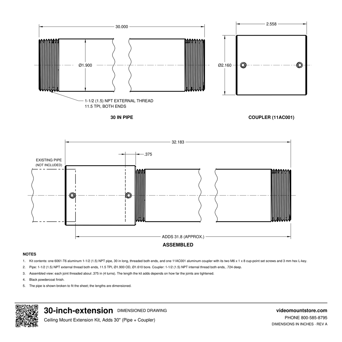 30-inch-extension kit dimensioned drawing: 30 inch NPT pipe and 2.558 inch coupler, 32.183 inches assembled, adds about 31.8 inches to an existing pipe