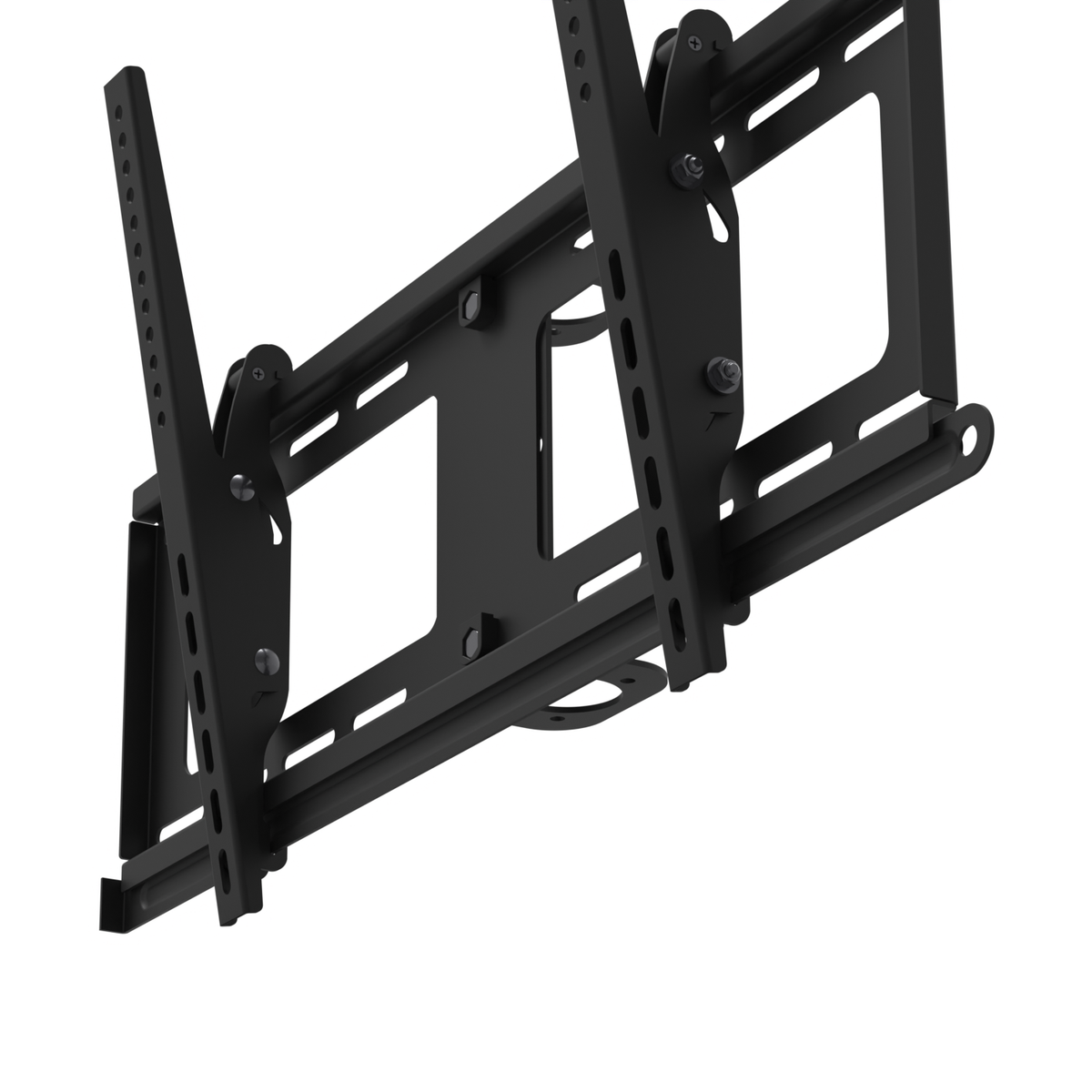 33CE018HEAD TV mount head seen from below and to the side, with the lock bar in the locked position running under the wall plate through the hooked brackets of both TV rails.