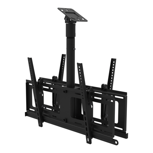 Back to back TV ceiling mount for four screens, angled plate for a sloped ceiling, 17 to 33 inch drop, with telescoping extension.