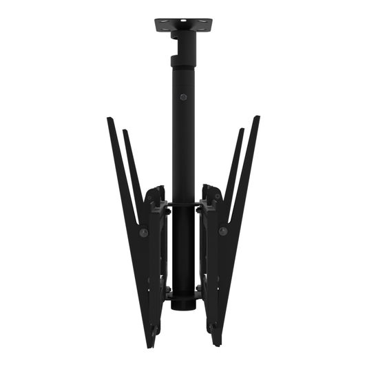 33CE028 back-to-back TV ceiling mount seen from the side, both tilting twin-rail heads in profile on the telescoping mast under the flat ceiling plate.