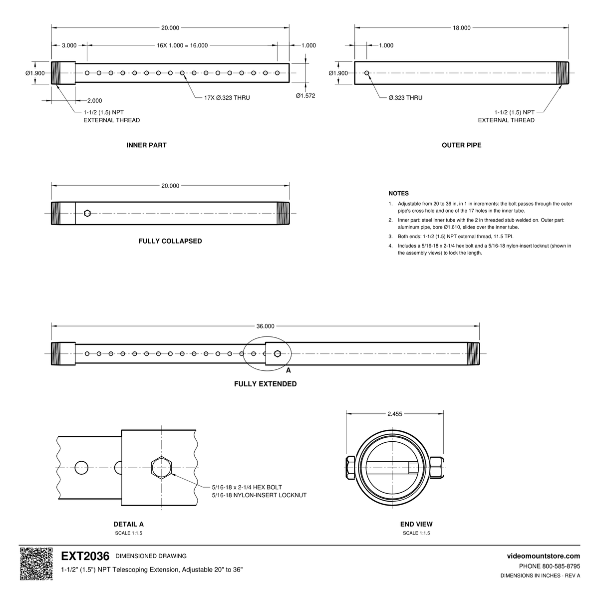 EXT2036 telescoping extension dimensioned drawing: inner and outer parts, 20 inches collapsed to 36 inches extended in 1 inch steps, NPT threads both ends