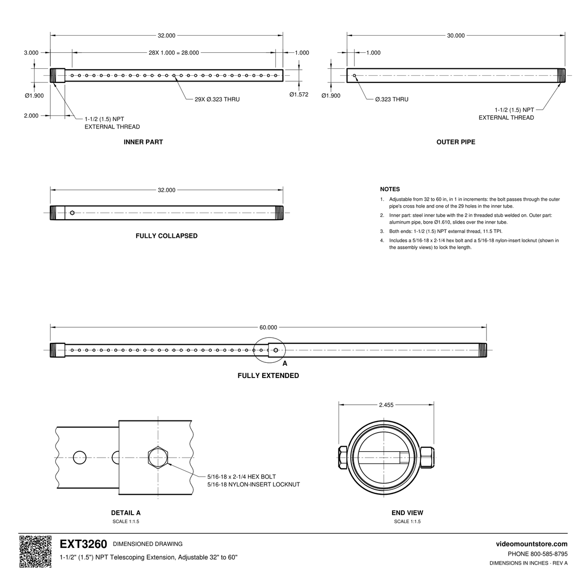 EXT3260 telescoping extension dimensioned drawing: inner and outer parts, 32 inches collapsed to 60 inches extended in 1 inch steps, NPT threads both ends