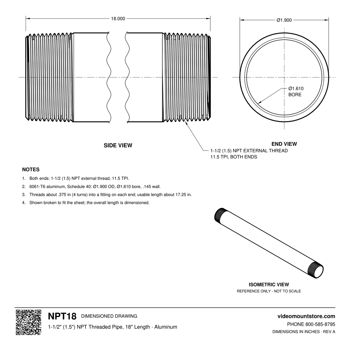 NPT18 dimensioned drawing: 1-1/2 (1.5) inch NPT pipe, 18 inches long, threaded both ends, 1.900 inch outside diameter, 1.610 inch bore