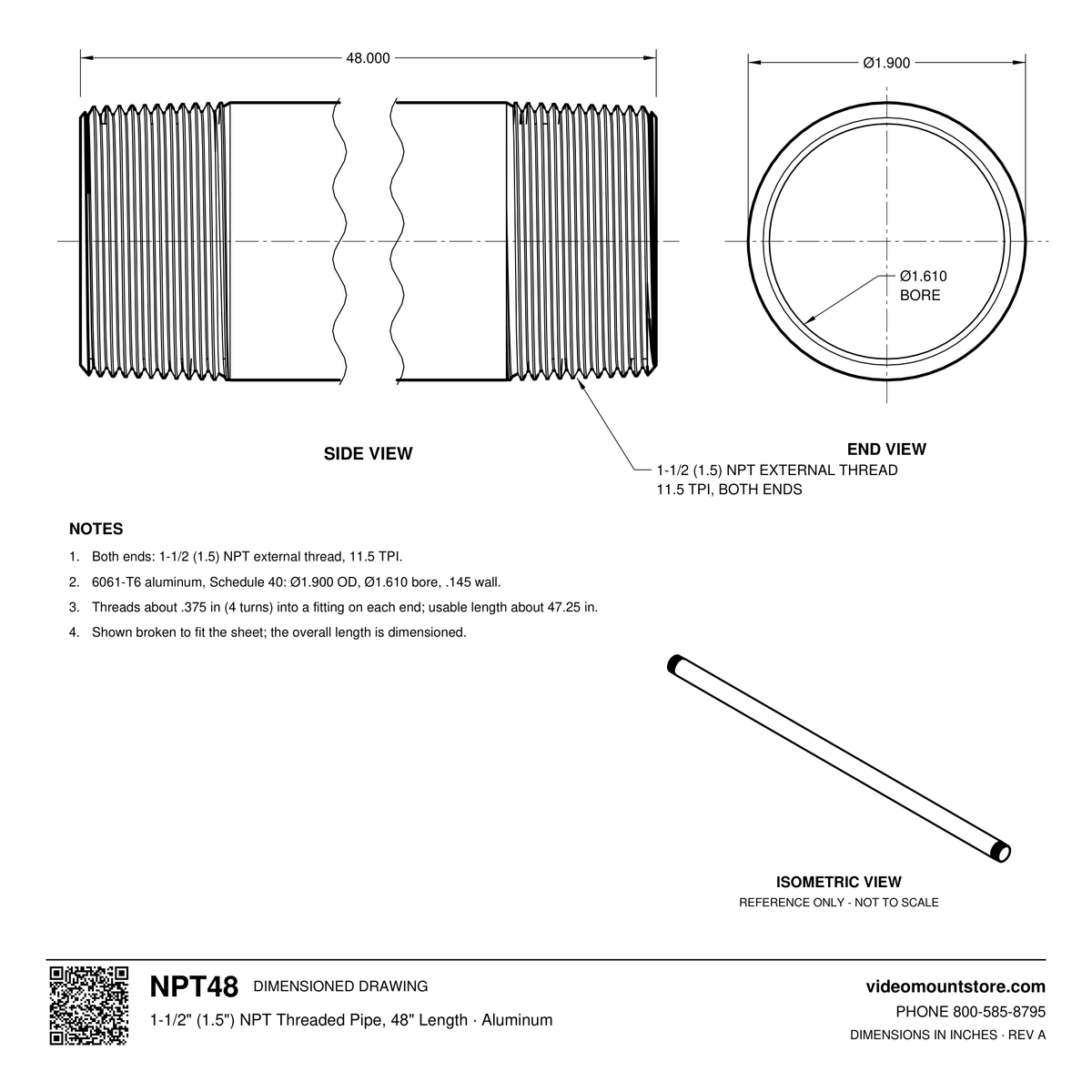 NPT48 dimensioned drawing: 1-1/2 (1.5) inch NPT pipe, 48 inches long, threaded both ends, 1.900 inch outside diameter, 1.610 inch bore