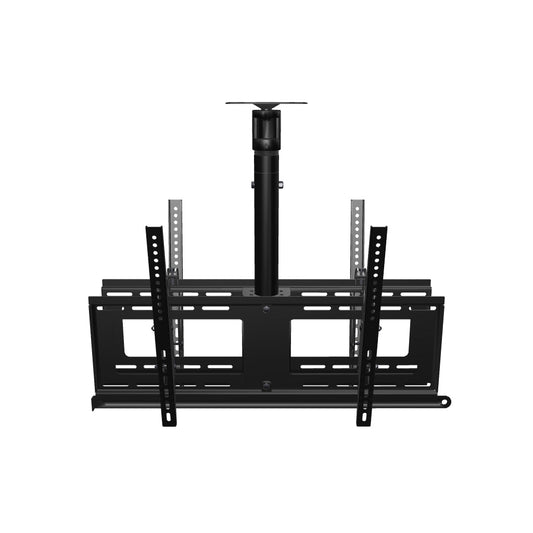33CE028 back to back TV ceiling mount for four screens, interactive 3D model of two tilting heads on one central mast, two screens facing each way, at shortest length.