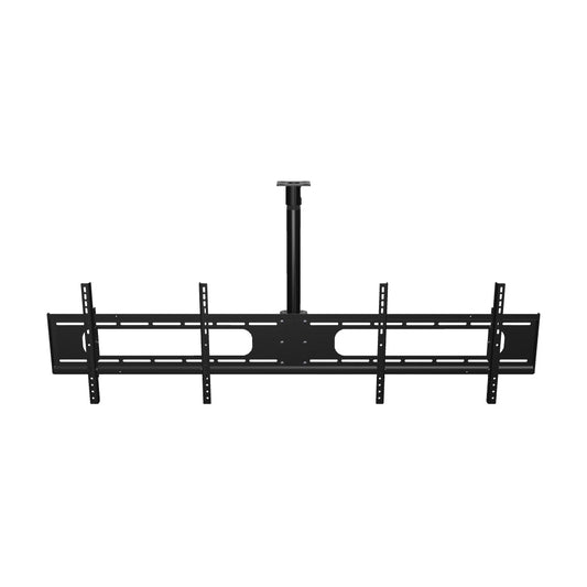 33DW004 double wide two screen TV ceiling mount, interactive 3D model of both tilting heads side by side on the fixed 22 inch drop pipe and flat ceiling plate.