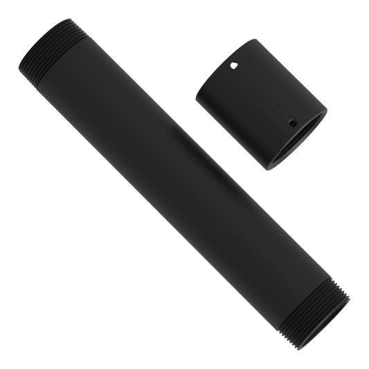 Ceiling mount extension kit that adds 10 inches: a 1-1/2 inch NPT pipe 10 inches long and its matte black coupling, side by side.