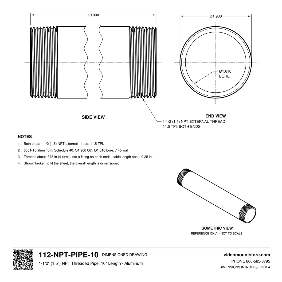 112-NPT-PIPE-10 dimensioned drawing: 1-1/2 (1.5) inch NPT pipe, 10 inches long, threaded both ends, 1.900 inch outside diameter, 1.610 inch bore