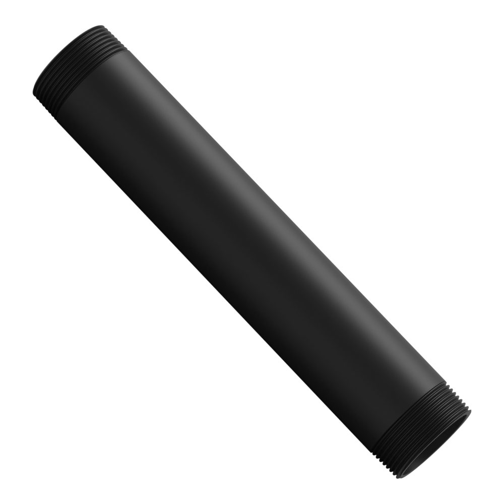 1-1/2 inch NPT black aluminum pipe, 10 inches long, threaded at both ends, set diagonally across the frame with the open bore toward the viewer.
