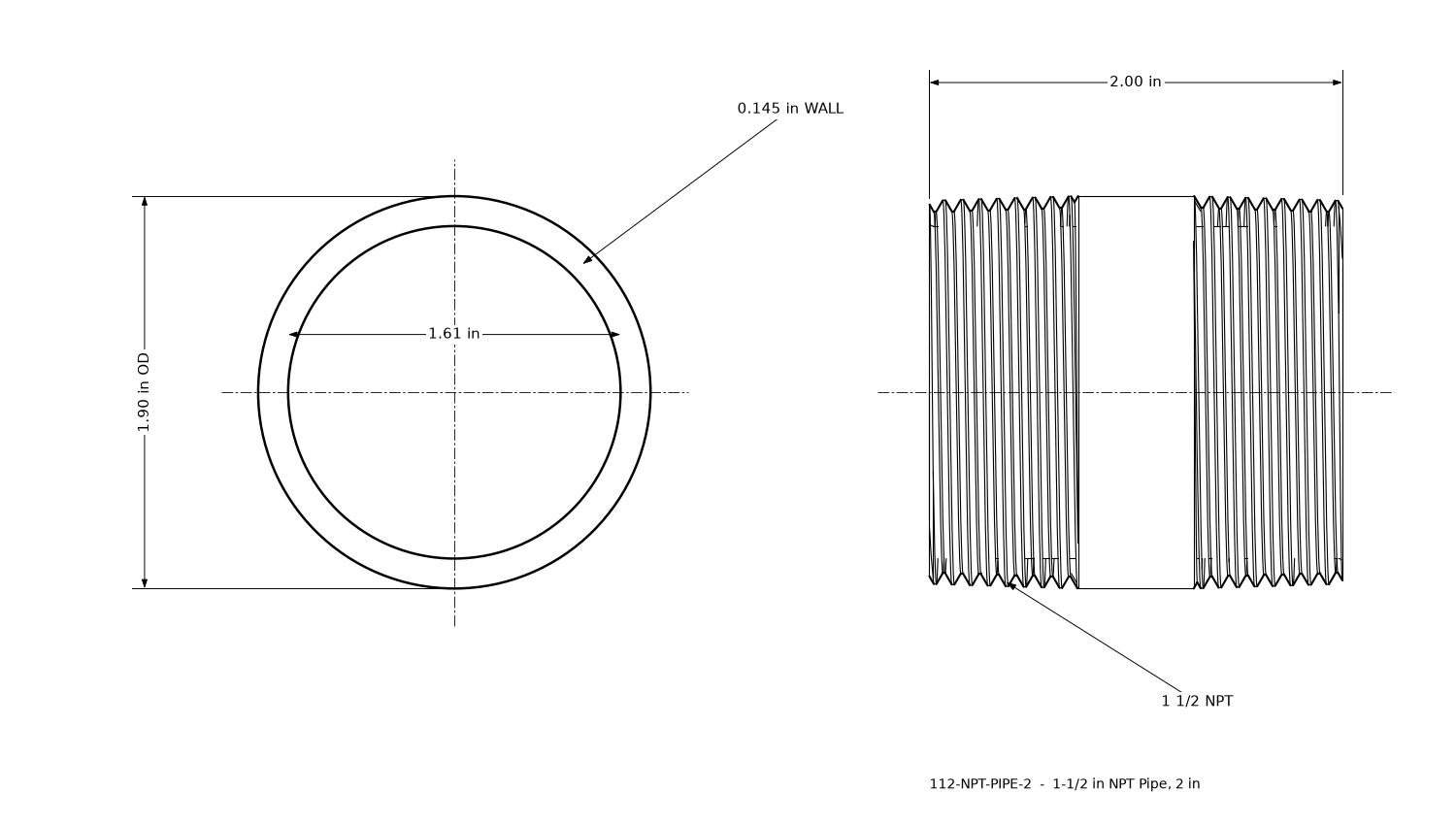 Dimensioned drawing of the 1-1/2 inch NPT pipe, 2 inches long: threaded side view and end view marked 1.90 in outside diameter and 1.61 in bore.