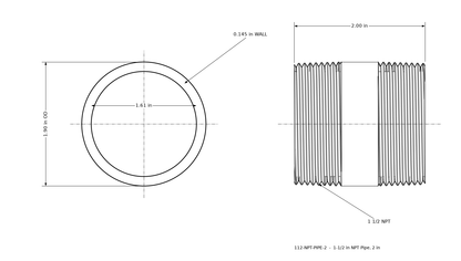 Dimensioned drawing of the 1-1/2 inch NPT pipe, 2 inches long: threaded side view and end view marked 1.90 in outside diameter and 1.61 in bore.