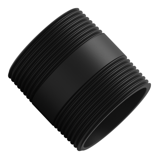 1-1/2 inch NPT black steel pipe, 2 inches long, threaded at both ends, set diagonally across the frame with the open bore toward the viewer.