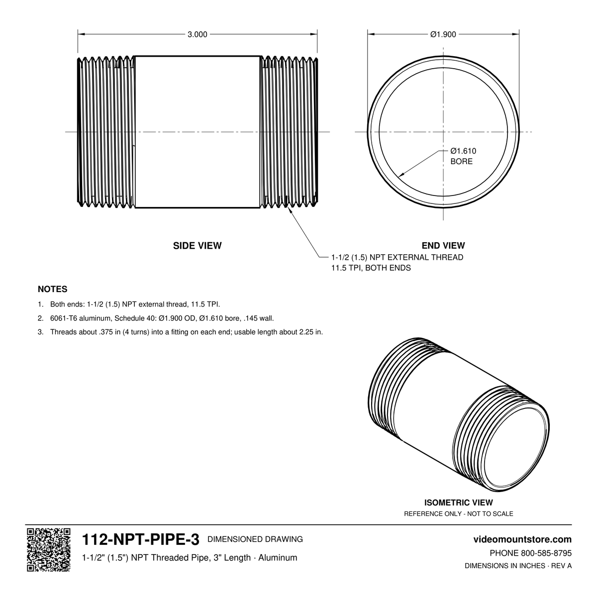 112-NPT-PIPE-3 dimensioned drawing: 1-1/2 (1.5) inch NPT pipe, 3 inches long, threaded both ends, 1.900 inch outside diameter, 1.610 inch bore
