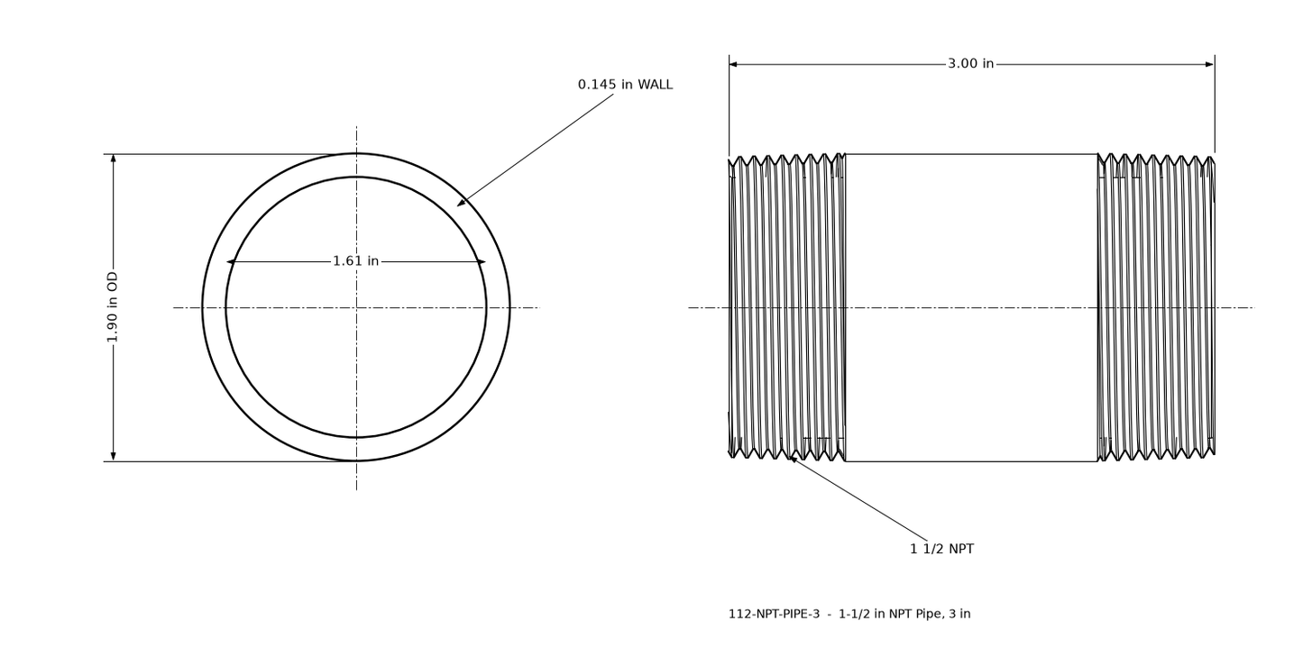 Dimensioned drawing of the 1-1/2 inch NPT pipe, 3 inches long: threaded side view and end view marked 1.90 in outside diameter and 1.61 in bore.