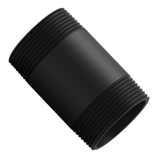 1-1/2 inch NPT black aluminum pipe, 3 inches long, threaded at both ends, set diagonally across the frame with the open bore toward the viewer.