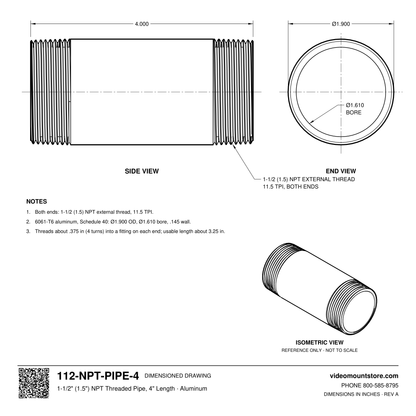 112-NPT-PIPE-4 dimensioned drawing: 1-1/2 (1.5) inch NPT pipe, 4 inches long, threaded both ends, 1.900 inch outside diameter, 1.610 inch bore