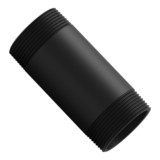 1-1/2 inch NPT black aluminum pipe, 4 inches long, threaded at both ends, set diagonally across the frame with the open bore toward the viewer.