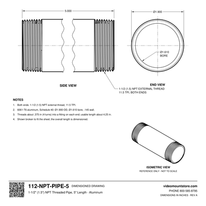 112-NPT-PIPE-5 dimensioned drawing: 1-1/2 (1.5) inch NPT pipe, 5 inches long, threaded both ends, 1.900 inch outside diameter, 1.610 inch bore