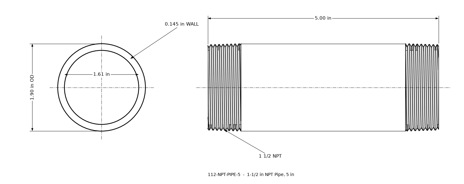 Dimensioned drawing of the 1-1/2 inch NPT pipe, 5 inches long: threaded side view and end view marked 1.90 in outside diameter and 1.61 in bore.