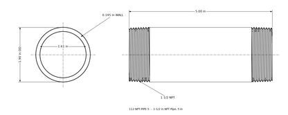Dimensioned drawing of the 1-1/2 inch NPT pipe, 5 inches long: threaded side view and end view marked 1.90 in outside diameter and 1.61 in bore.