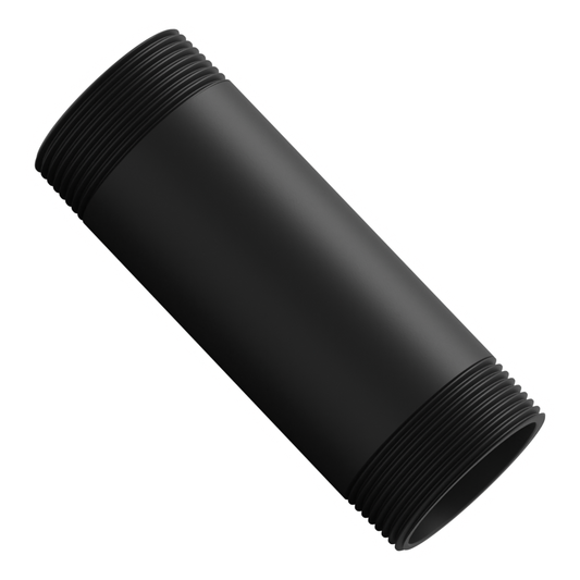 1-1/2 inch NPT black aluminum pipe, 5 inches long, threaded at both ends, set diagonally across the frame with the open bore toward the viewer.