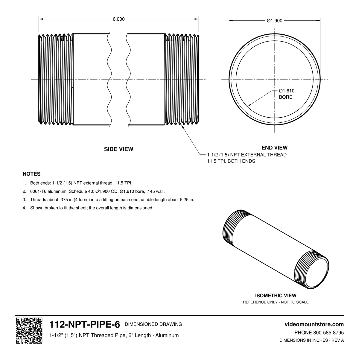 112-NPT-PIPE-6 dimensioned drawing: 1-1/2 (1.5) inch NPT pipe, 6 inches long, threaded both ends, 1.900 inch outside diameter, 1.610 inch bore