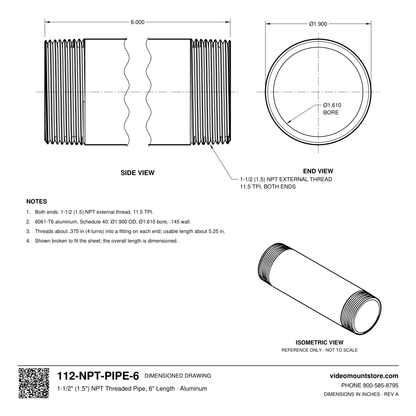 112-NPT-PIPE-6 dimensioned drawing: 1-1/2 (1.5) inch NPT pipe, 6 inches long, threaded both ends, 1.900 inch outside diameter, 1.610 inch bore