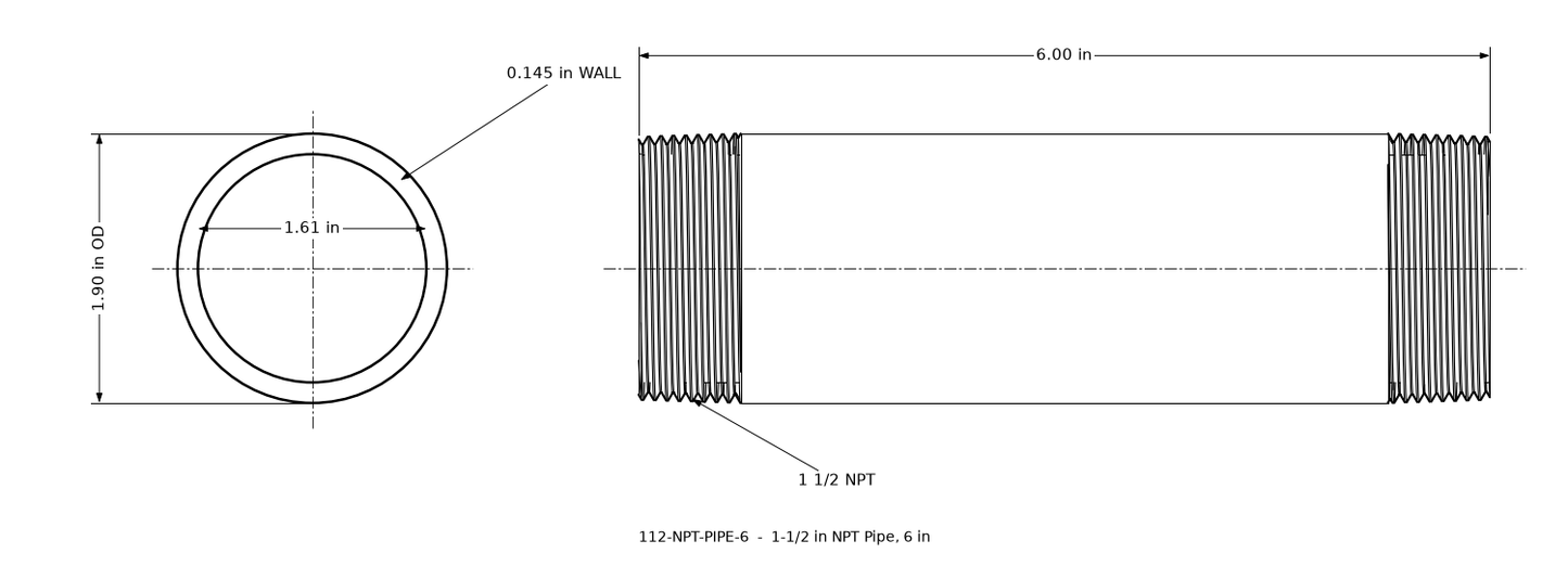 Dimensioned drawing of the 1-1/2 inch NPT pipe, 6 inches long: threaded side view and end view marked 1.90 in outside diameter and 1.61 in bore.