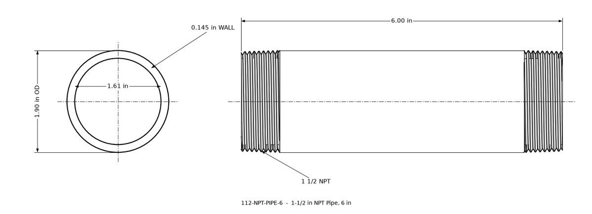 Dimensioned drawing of the 1-1/2 inch NPT pipe, 6 inches long: threaded side view and end view marked 1.90 in outside diameter and 1.61 in bore.
