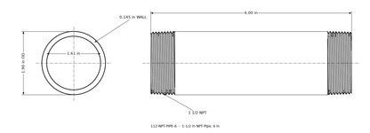 Dimensioned drawing of the 1-1/2 inch NPT pipe, 6 inches long: threaded side view and end view marked 1.90 in outside diameter and 1.61 in bore.