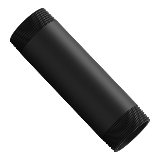 1-1/2 inch NPT black aluminum pipe, 6 inches long, threaded at both ends, set diagonally across the frame with the open bore toward the viewer.