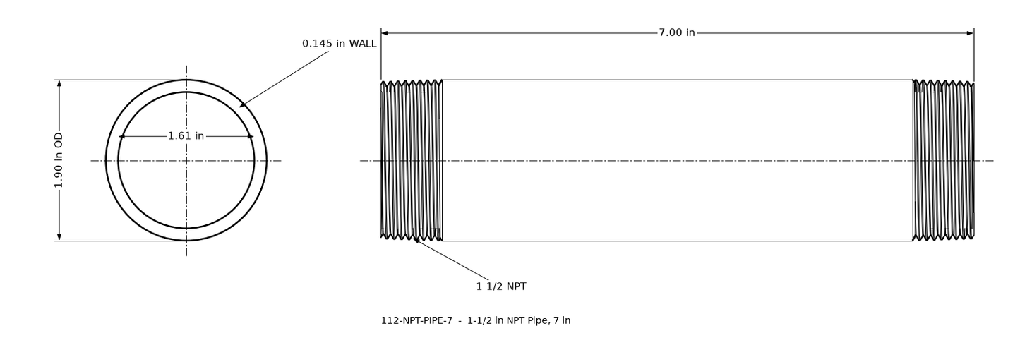 Dimensioned drawing of the 1-1/2 inch NPT pipe, 7 inches long: threaded side view and end view marked 1.90 in outside diameter and 1.61 in bore.