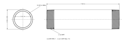 Dimensioned drawing of the 1-1/2 inch NPT pipe, 7 inches long: threaded side view and end view marked 1.90 in outside diameter and 1.61 in bore.