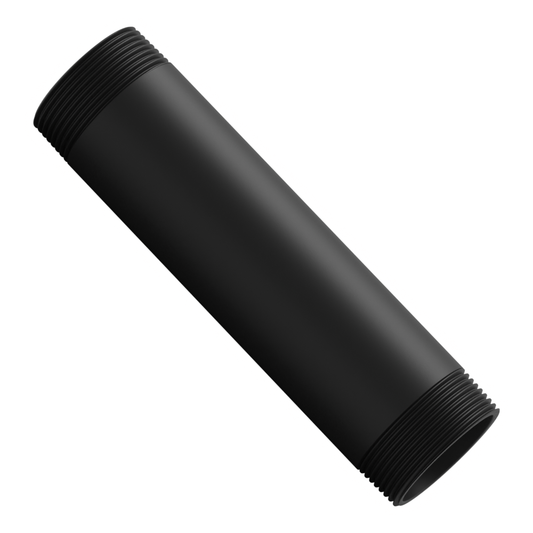 1-1/2 inch NPT black aluminum pipe, 7 inches long, threaded at both ends, set diagonally across the frame with the open bore toward the viewer.