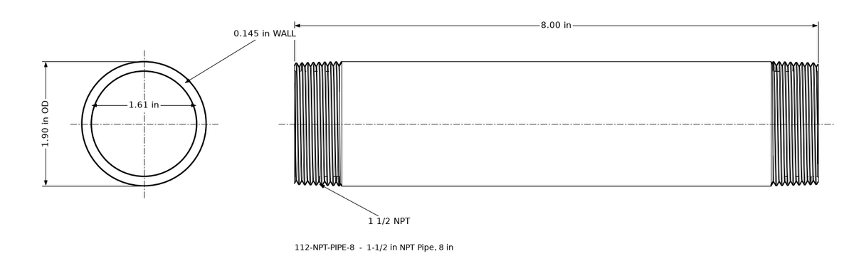 Dimensioned drawing of the 1-1/2 inch NPT pipe, 8 inches long: threaded side view and end view marked 1.90 in outside diameter and 1.61 in bore.