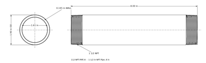 Dimensioned drawing of the 1-1/2 inch NPT pipe, 8 inches long: threaded side view and end view marked 1.90 in outside diameter and 1.61 in bore.