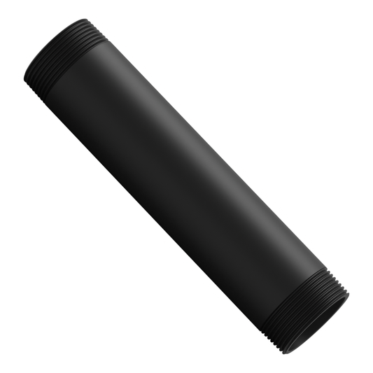 1-1/2 inch NPT black aluminum pipe, 8 inches long, threaded at both ends, set diagonally across the frame with the open bore toward the viewer.