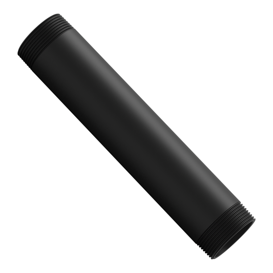1-1/2 inch NPT black aluminum pipe, 9 inches long, threaded at both ends, set diagonally across the frame with the open bore toward the viewer.