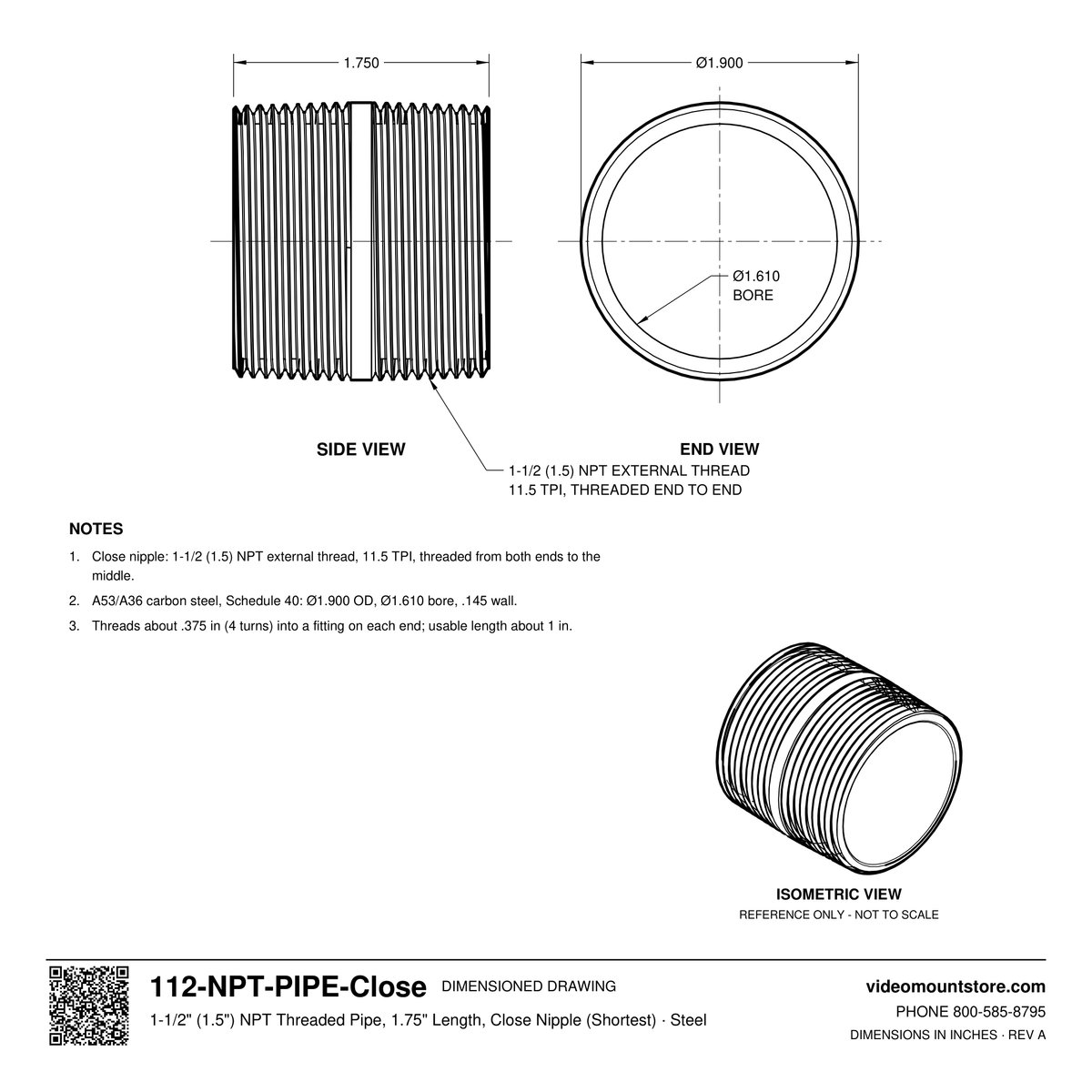 112-NPT-PIPE-Close dimensioned drawing: 1-1/2 (1.5) inch NPT close nipple, 1.75 inches long, threaded end to end, 1.900 inch outside diameter, 1.610 inch bore