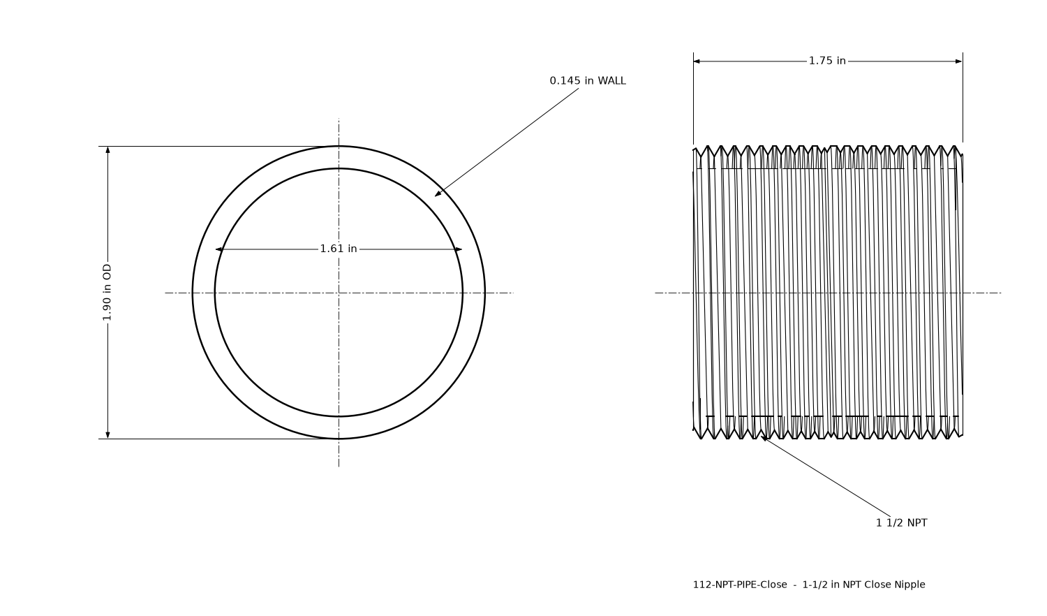 Dimensioned drawing of the fully threaded 1-1/2 inch NPT close nipple, 1-3/4 inches long: side and end views marked 1.90 in outside diameter.