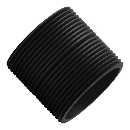1-1/2 inch NPT black steel close nipple, 1-3/4 inches long and threaded end to end, set diagonally across the frame with the bore toward the viewer.