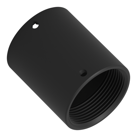 Matte black 1-1/2 inch NPT pipe coupling set diagonally across the frame, showing the threaded bore and both set-screw holes.