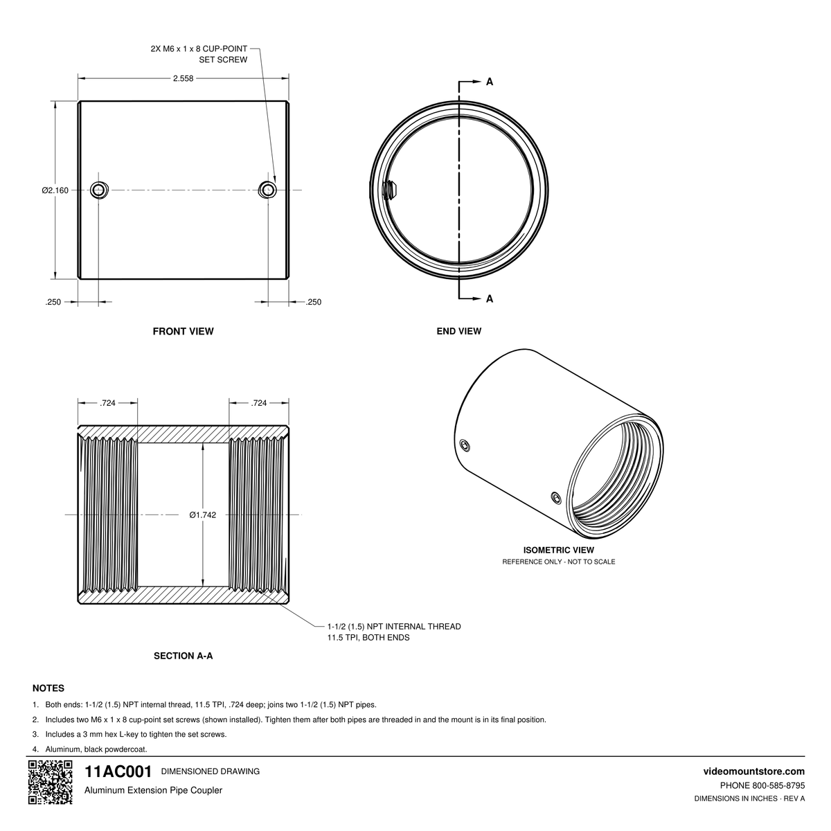 11AC001 coupler dimensioned drawing: 2.558 inches long, 2.160 inch outside diameter, 1-1/2 (1.5) inch NPT internal threads both ends, two M6 set screws